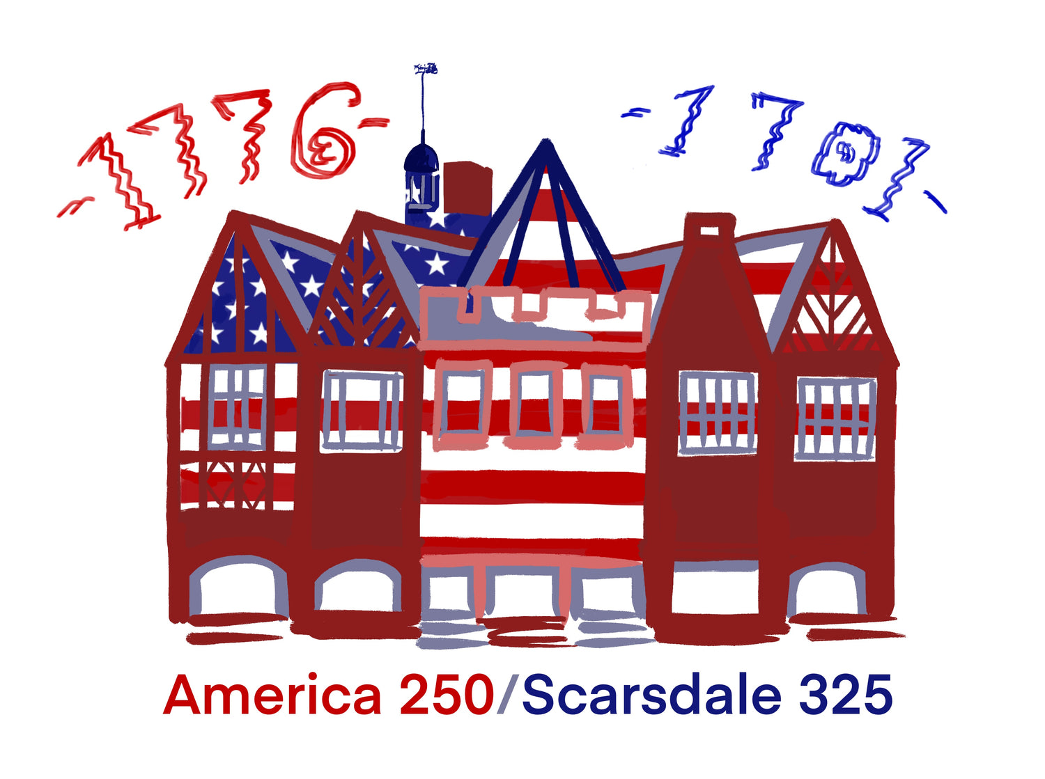 America 250 / Scarsdale 325 flag design by Entong Deng — Scarsdale Village Hall illustrated in red, white, and blue