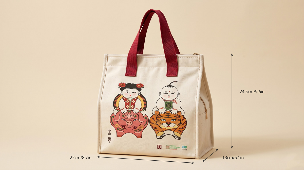 Fuwawa lunch bag with size chart