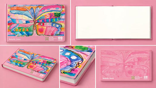 Emma Butterfly sketchbook: cover, open blank pages, angled view and back cover